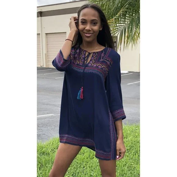 THML Embroidered Shift Dress, Navy - Picture 5 of 7